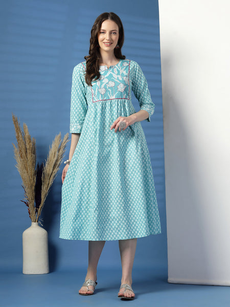 Women Sky Blue A-Line Dress with Handwork Detailing