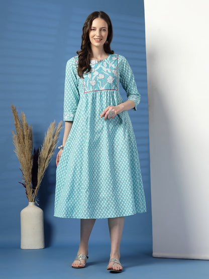 Charming Sky Blue A-Line Dress with Handwork Detailing