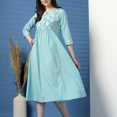 Women Sky Blue A-Line Dress with Handwork Detailing
