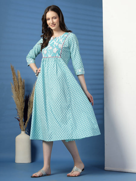 Women Sky Blue A-Line Dress with Handwork Detailing