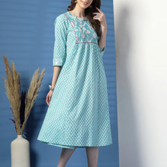 Women Sky Blue A-Line Dress with Handwork Detailing