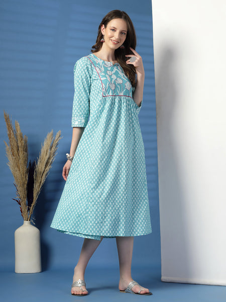 Women Sky Blue A-Line Dress with Handwork Detailing