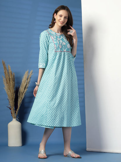 Charming Sky Blue A-Line Dress with Handwork Detailing