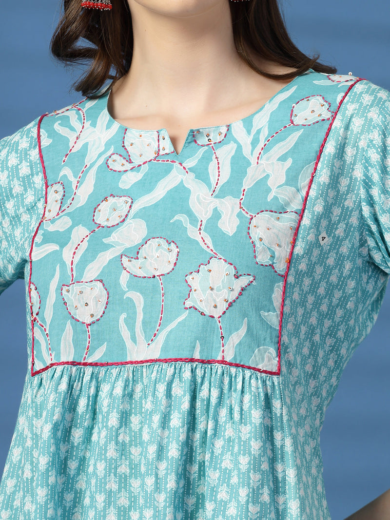 Women Sky Blue A-Line Dress with Handwork Detailing