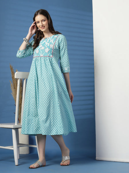 Women Sky Blue A-Line Dress with Handwork Detailing
