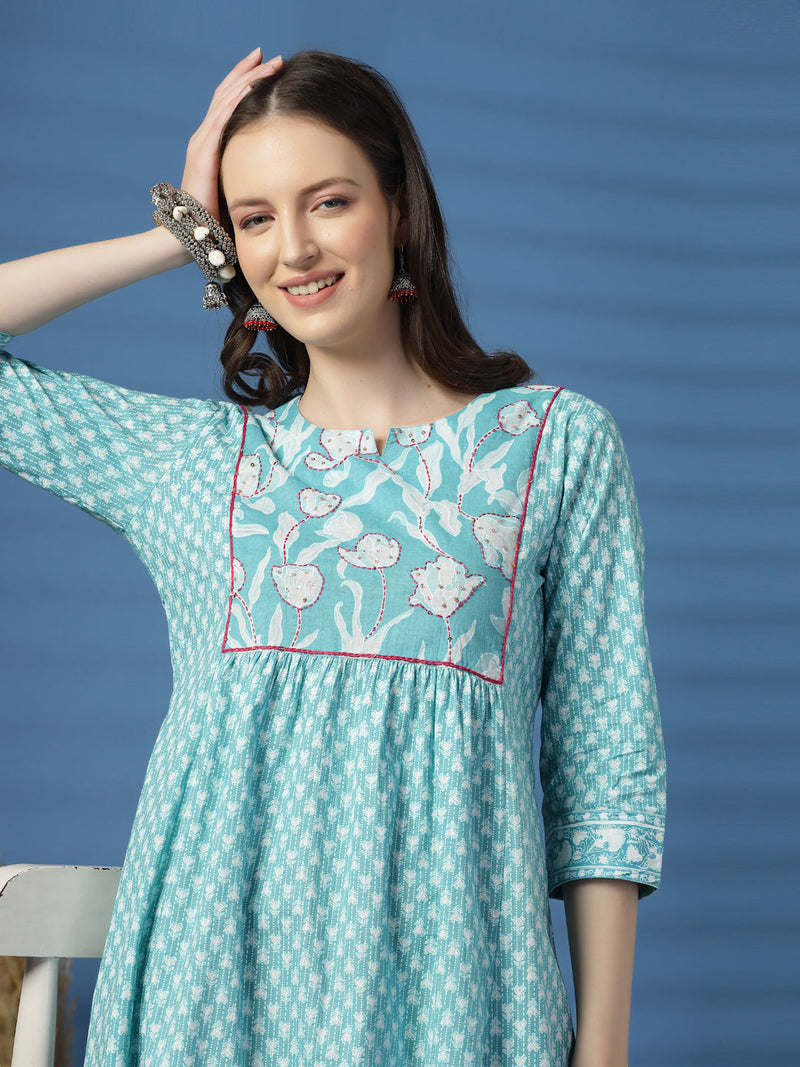 Women Sky Blue A-Line Dress with Handwork Detailing