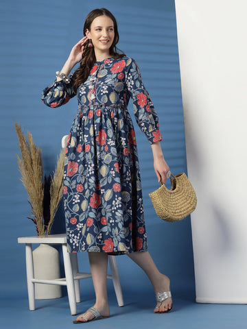 Elegant Blue A-Line Dress with Printed & Handwork Detailing