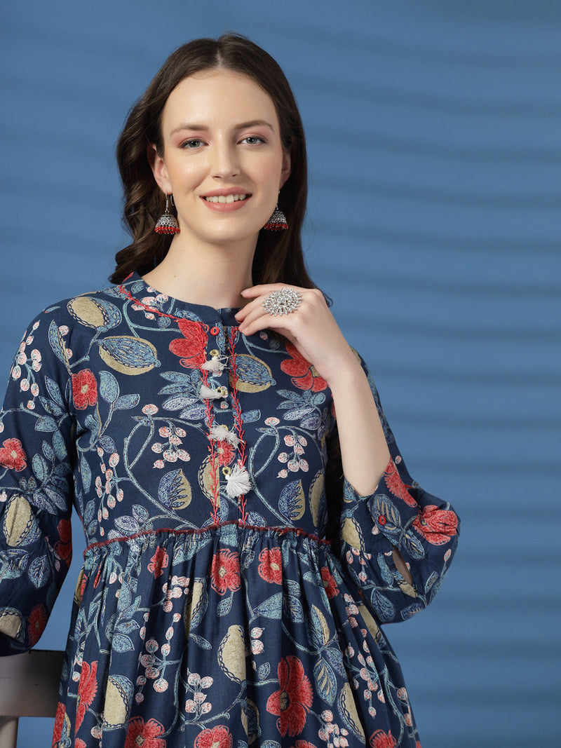 Elegant Blue A-Line Dress with Printed & Handwork Detailing - Rama's Kurti Jaipur 