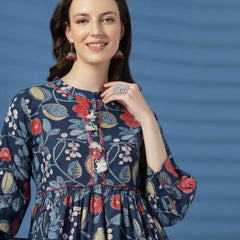 Elegant Blue A-Line Dress with Printed & Handwork Detailing - Rama's Kurti Jaipur 