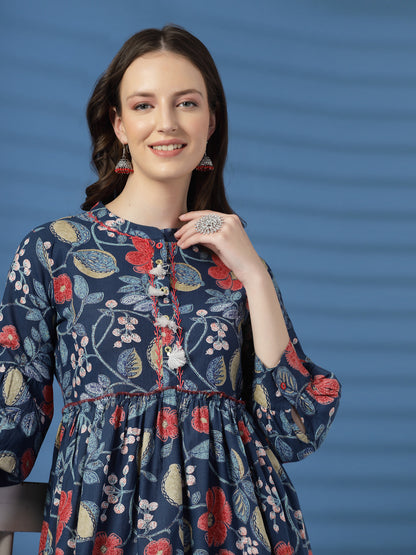 Elegant Blue A-Line Dress with Printed & Handwork Detailing