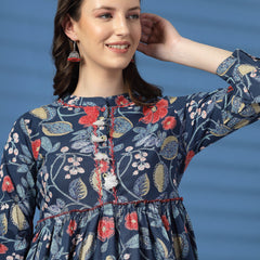 Elegant Blue A-Line Dress with Printed & Handwork Detailing - Rama's Kurti Jaipur 