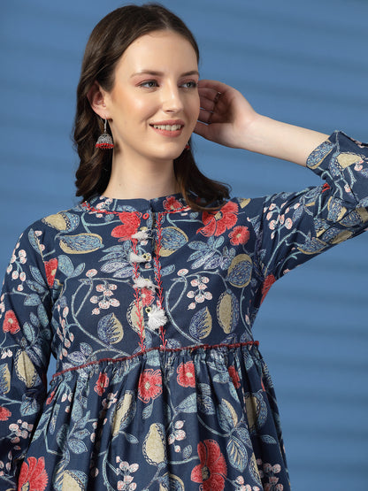Elegant Blue A-Line Dress with Printed & Handwork Detailing