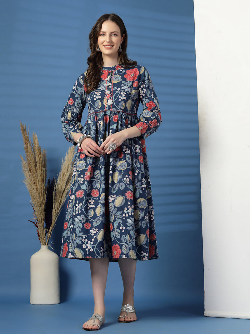 Elegant Blue A-Line Dress with Printed & Handwork Detailing - Rama's Kurti Jaipur 
