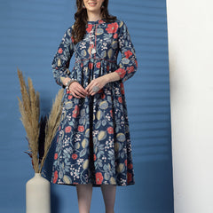 Elegant Blue A-Line Dress with Printed & Handwork Detailing - Rama's Kurti Jaipur 