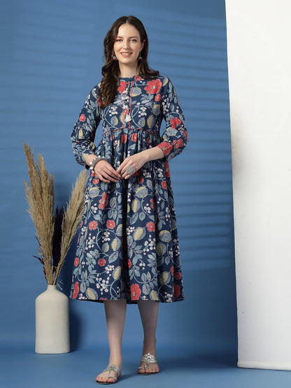 Elegant Blue A-Line Dress with Printed & Handwork Detailing