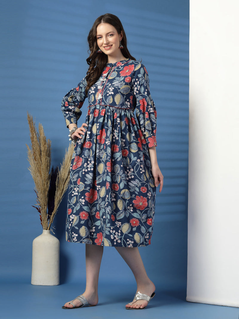 Elegant Blue A-Line Dress with Printed & Handwork Detailing