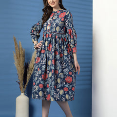Elegant Blue A-Line Dress with Printed & Handwork Detailing