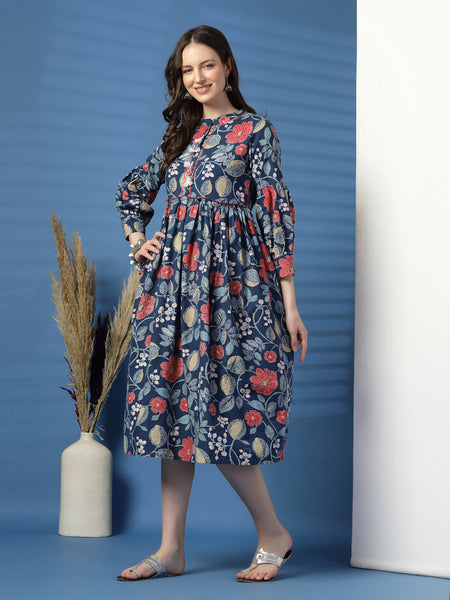Elegant Blue A-Line Dress with Printed & Handwork Detailing