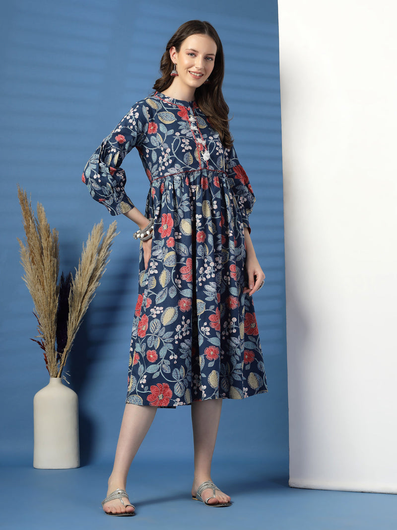 Elegant Blue A-Line Dress with Printed & Handwork Detailing