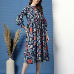 Elegant Blue A-Line Dress with Printed & Handwork Detailing