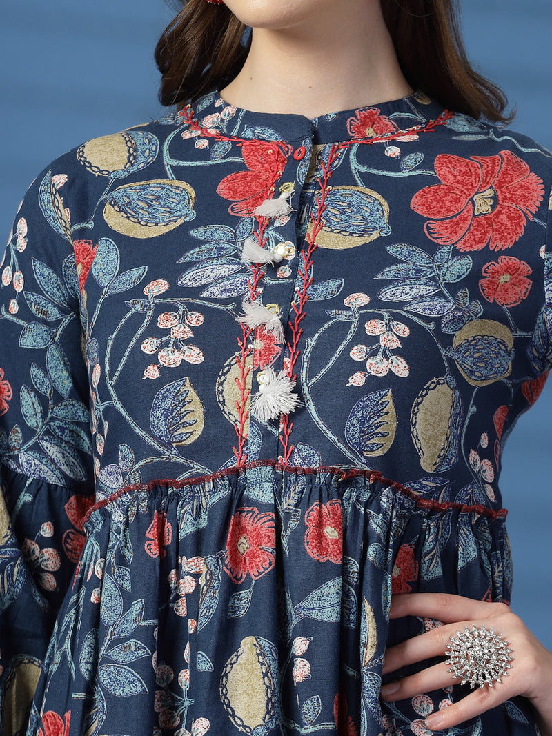 Elegant Blue A-Line Dress with Printed & Handwork Detailing