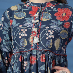 Elegant Blue A-Line Dress with Printed & Handwork Detailing