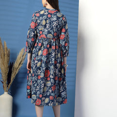 Elegant Blue A-Line Dress with Printed & Handwork Detailing