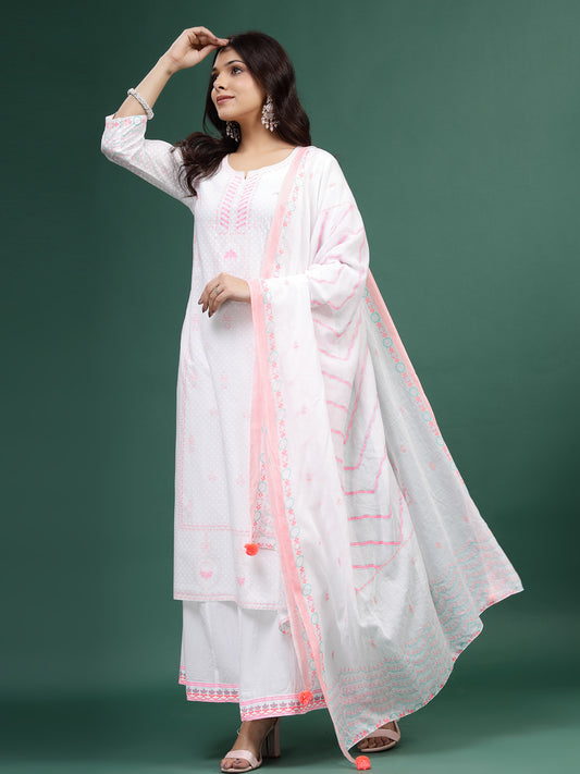 Women White Color Printed Kurta Palazzo With Printed Dupatta Set