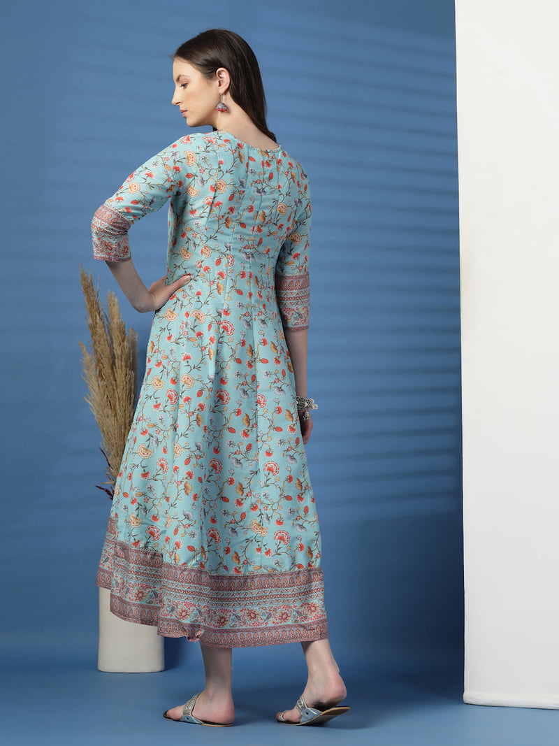Elegant Turquoise Anarkali Dress with Printed & Threadwork Detailing