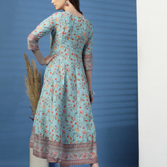 Elegant Turquoise Anarkali Dress with Printed & Threadwork Detailing