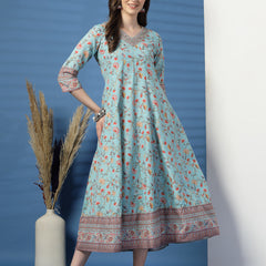 Elegant Turquoise Anarkali Dress with Printed & Threadwork Detailing