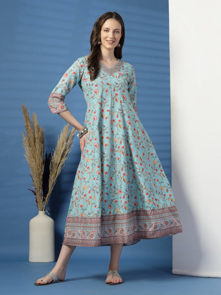 Elegant Turquoise Anarkali Dress with Printed & Threadwork Detailing