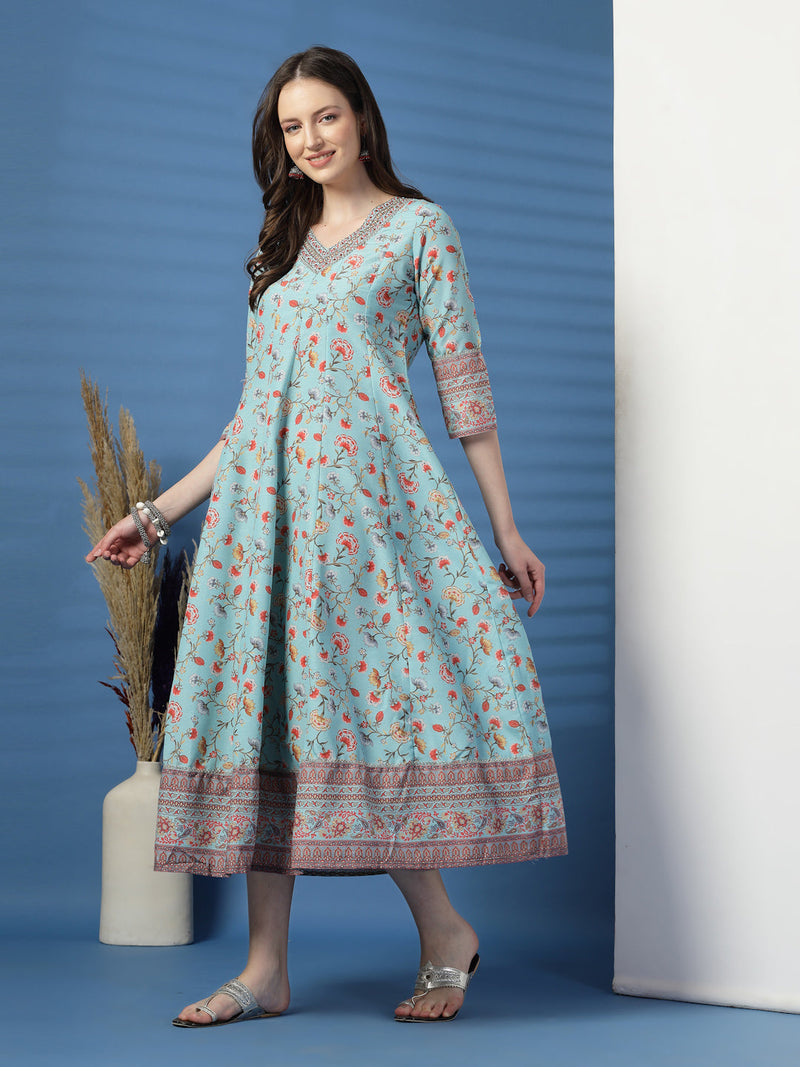 Elegant Turquoise Anarkali Dress with Printed & Threadwork Detailing