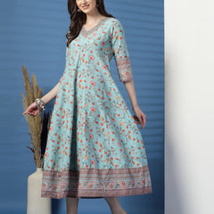 Elegant Turquoise Anarkali Dress with Printed & Threadwork Detailing