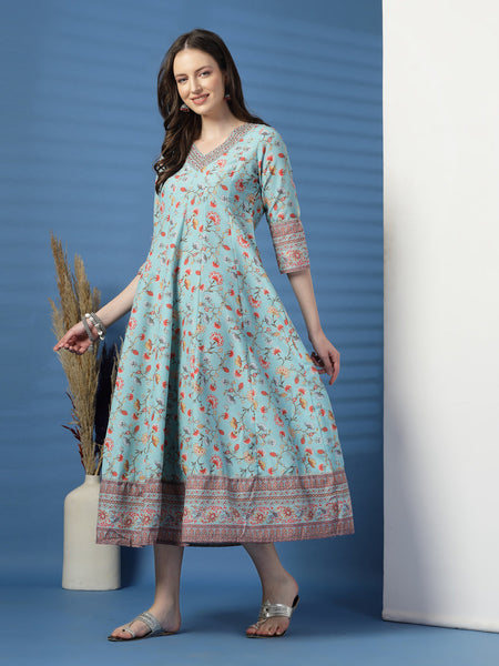 Elegant Turquoise Anarkali Dress with Printed & Threadwork Detailing