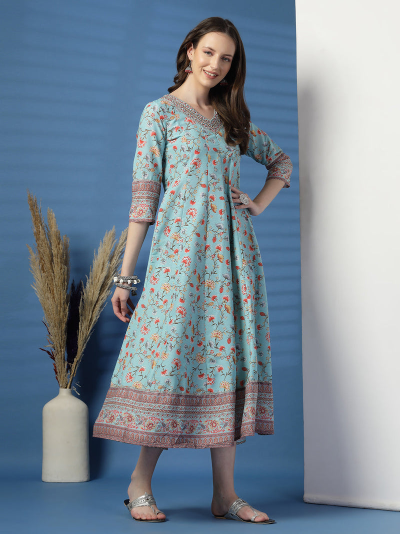 Elegant Turquoise Anarkali Dress with Printed & Threadwork Detailing