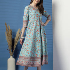 Elegant Turquoise Anarkali Dress with Printed & Threadwork Detailing