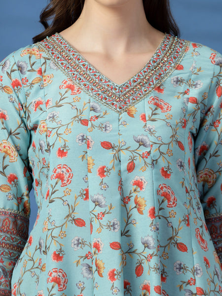 Elegant Turquoise Anarkali Dress with Printed & Threadwork Detailing