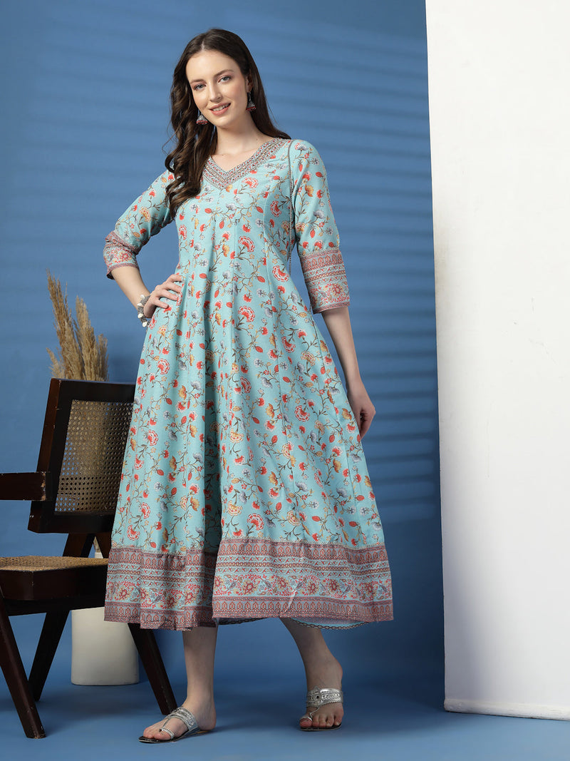 Elegant Turquoise Anarkali Dress with Printed & Threadwork Detailing