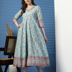 Elegant Turquoise Anarkali Dress with Printed & Threadwork Detailing