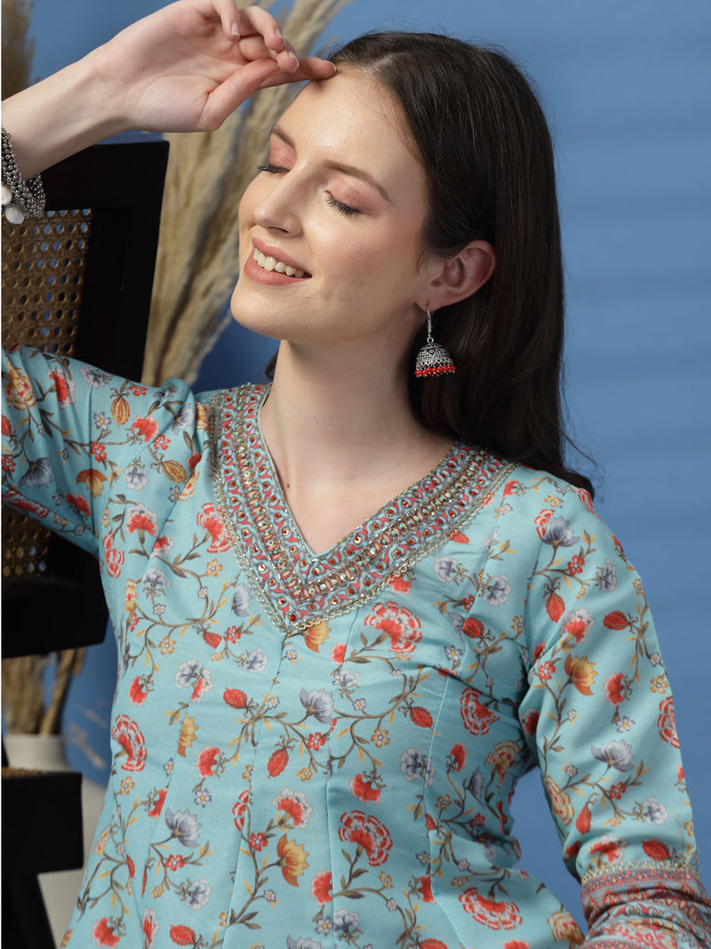 Elegant Turquoise Anarkali Dress with Printed & Threadwork Detailing