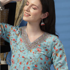 Elegant Turquoise Anarkali Dress with Printed & Threadwork Detailing