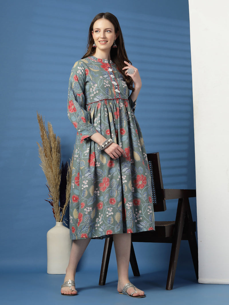 Elegant Grey A-Line Dress with Printed & Handwork Detailing