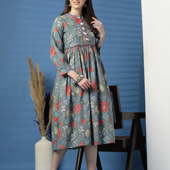 Elegant Grey A-Line Dress with Printed & Handwork Detailing