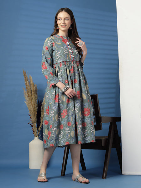 Elegant Grey A-Line Dress with Printed & Handwork Detailing