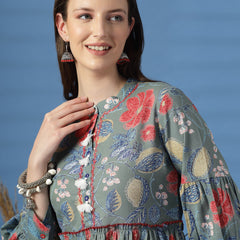 Elegant Grey A-Line Dress with Printed & Handwork Detailing