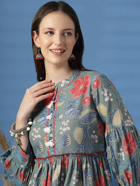 Elegant Grey A-Line Dress with Printed & Handwork Detailing