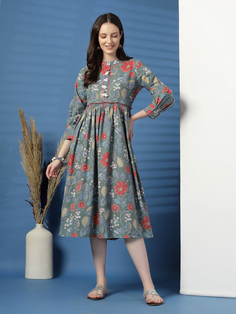 Elegant Grey A-Line Dress with Printed & Handwork Detailing