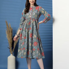 Elegant Grey A-Line Dress with Printed & Handwork Detailing