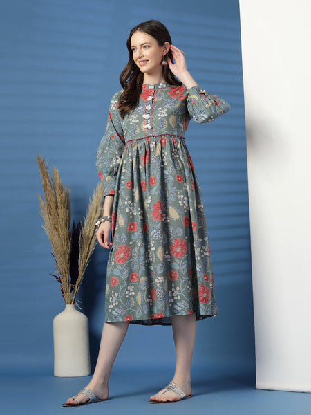 Elegant Grey A-Line Dress with Printed & Handwork Detailing